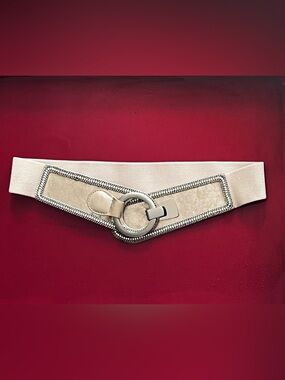 Metallic Silver Elastic Waist Belt with Decorative Ring